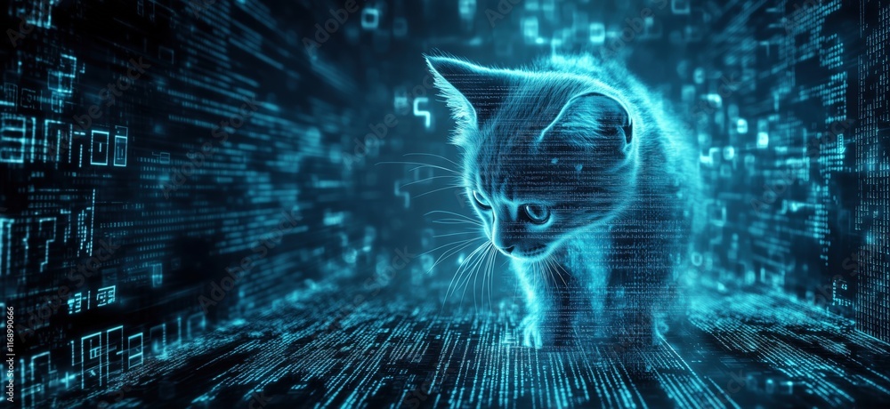 Poster digital cat in futuristic binary environment, glowing blue fur, surrounded by streams of data, repre