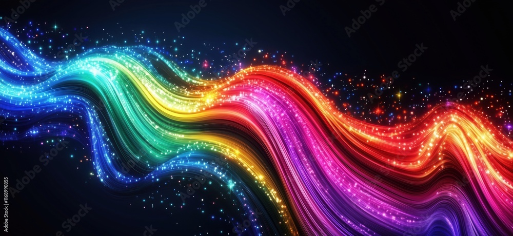 Poster vibrant colorful waves with sparkling lights and abstract patterns in rainbow spectrum, copy space f