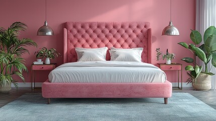 Pink velvet bed in a modern bedroom with plants and side tables.