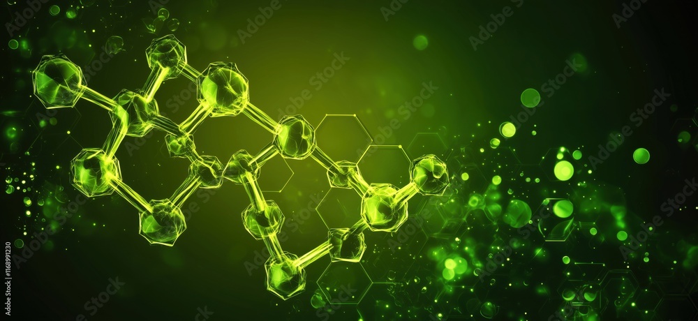 Poster molecular structure visualization with green glow, abstract chemistry background featuring hexagonal