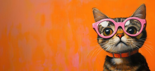 Fototapeta premium Cat wearing pink glasses against vibrant orange background, showcasing playful and whimsical pet portraiture, copy space for text