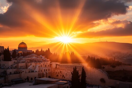 Worshippers gathering for a sunrise prayer at the Western Wall, with a golden glow lighting the sacred site
