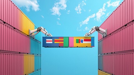 Globalization trade War. Robotic arms moving colorful shipping containers in a bright blue sky.