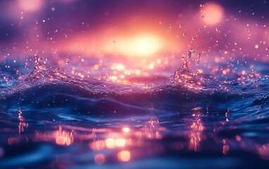 Water splashes at sunset, vibrant colors.
