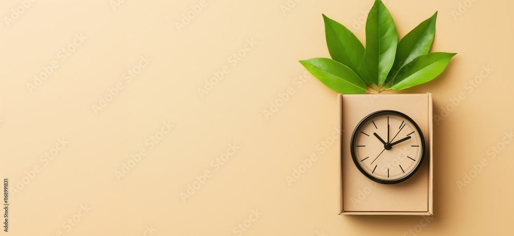 Poster clock with green leaves symbolizing time and nature integration in minimalist design, copy space for