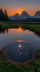 Sunset over tranquil lake reflecting stars and mountains.