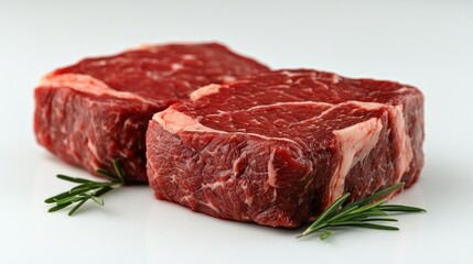Obraz premium Two raw beef steaks with rosemary sprigs.