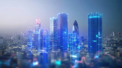 Fototapeta premium Futuristic city skyline with illuminated skyscrapers and digital effects