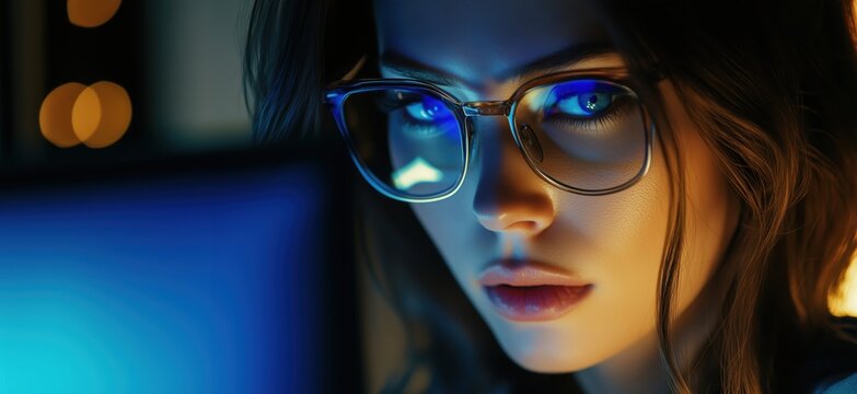 Focused young woman with glasses staring intently at computer screen, illuminated by blue light, showcasing concentration and determination, copy space for text