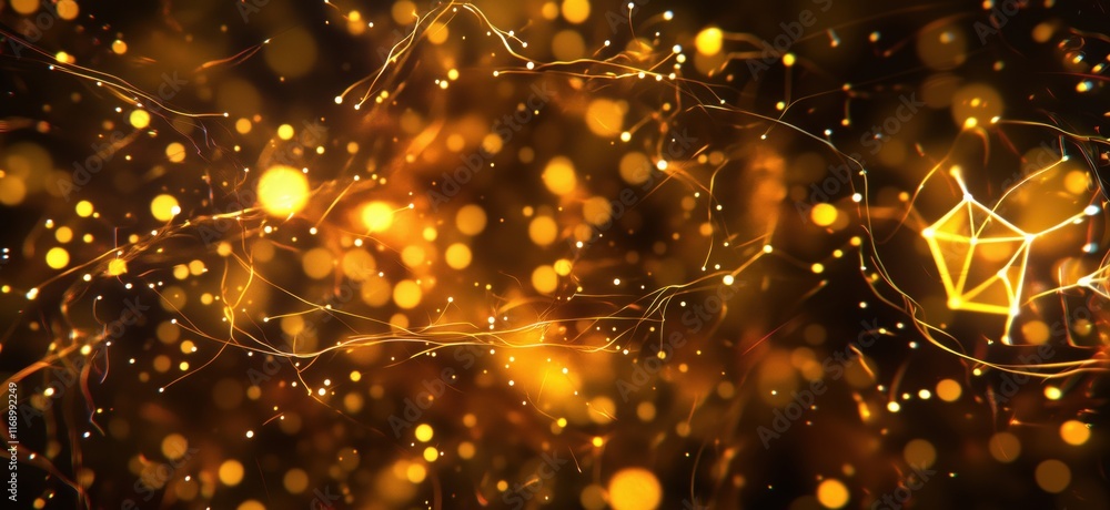 Poster golden abstract background with glowing particles and intricate lines, creating a mesmerizing visual
