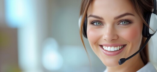 Smiling customer service representative with headset, showcasing professionalism and approachability in a modern office environment, copy space for text