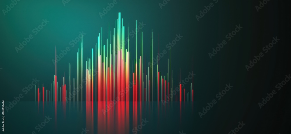 Poster colorful sound wave visualization with vertical bars representing audio frequencies and amplitudes, 