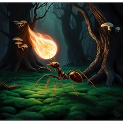 An ant carrying a glowing ember through a dark and mystical forest.
