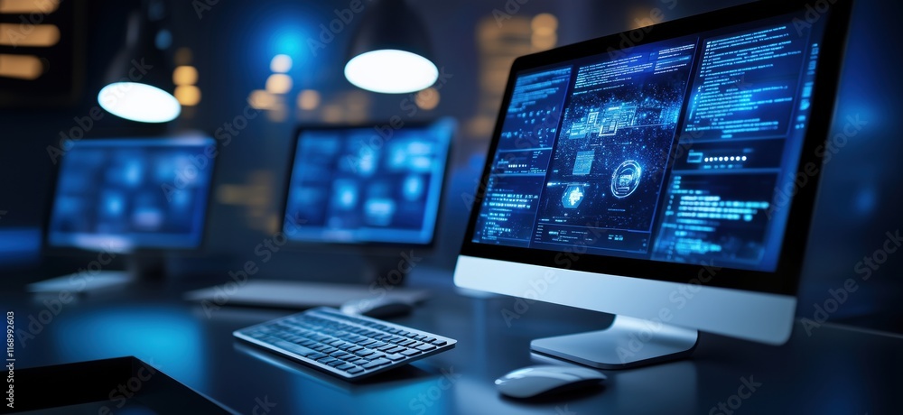 Poster high-tech computer workstation with multiple monitors displaying data analytics and cybersecurity in