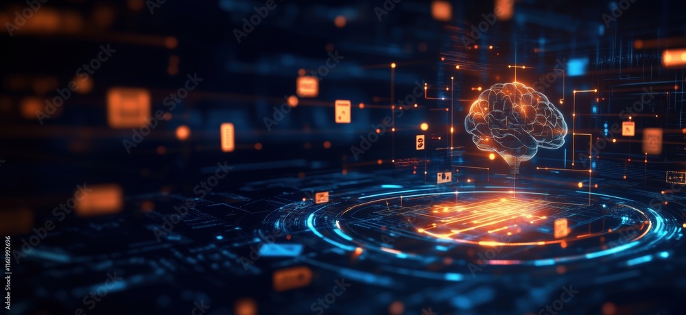 Poster artificial intelligence brain visualization with digital data connections and circuit patterns, copy