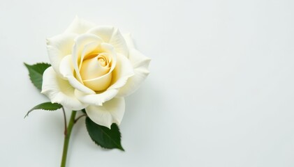 Fototapeta premium A single isolated white rose on a plain white background with gentle lighting and blurred edges, closeup, petals