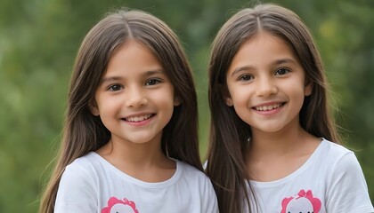 Identical twin girls sisters are posing for the camera. Happy twin sisters in dresses are looking at the camera and smiling. Frontal view, studio shot