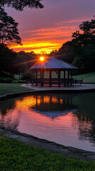 Fototapeta premium Sunrise over gazebo reflecting in calm pond.