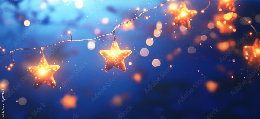Poster Glowing star-shaped lights illuminating a dreamy blue background with bokeh effects and sparkling particles, creating a magical atmosphere, copy space for text