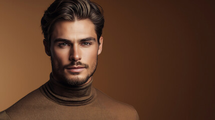 Fototapeta premium handsome male against mocha mousse background, male mockup for color of the year 2025, generative ai