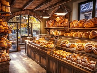Morning bakery delight cozy french bakery interior paris food photography autumn atmosphere warm lighting