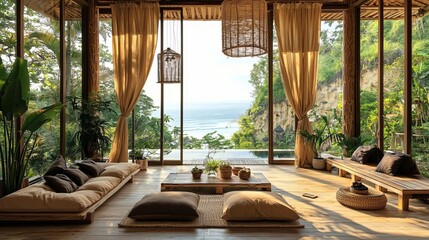 Balinese interior style concept. Cozy, nature-inspired living room with panoramic ocean view.