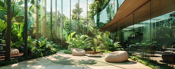 Fototapeta premium glass office building with surrounding greenery and open space perfect for outdoor relaxation