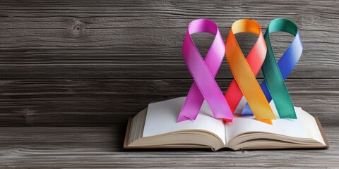 World Cancer Day concept. Colorful ribbons on an open book symbolize awareness and support causes.