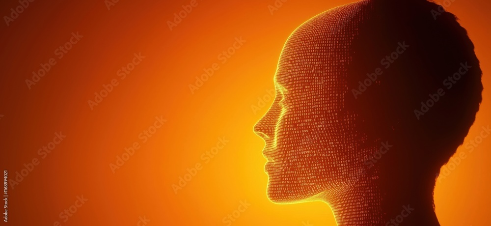 Poster digital silhouette of a human head composed of binary code against a vibrant orange background, symb