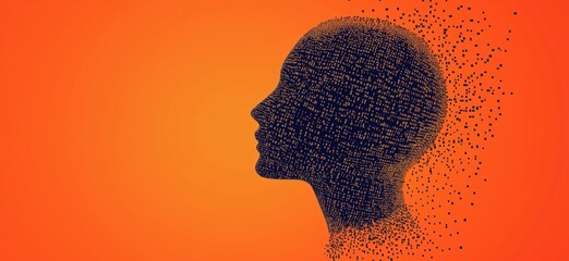 Digital silhouette of human head dissolving into particles against vibrant orange background, representing technology, identity, and transformation, copy space for text