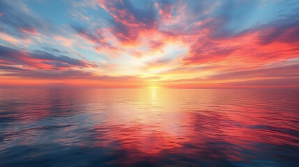 Obraz premium Vibrant sunset over calm ocean; colorful clouds reflected in water.