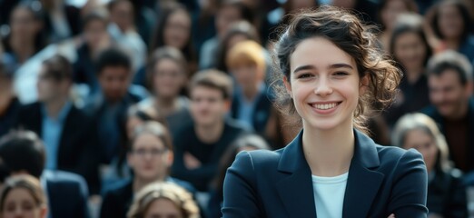 Confident young woman smiling in front of diverse audience, showcasing leadership and engagement in a professional setting, copy space for text