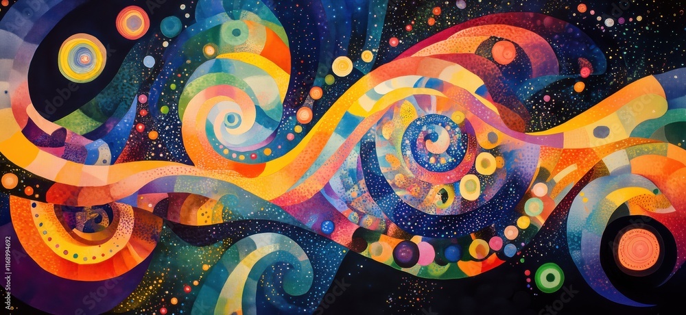 Poster colorful abstract swirls and circles in vibrant hues creating a dynamic visual rhythm and energy, co