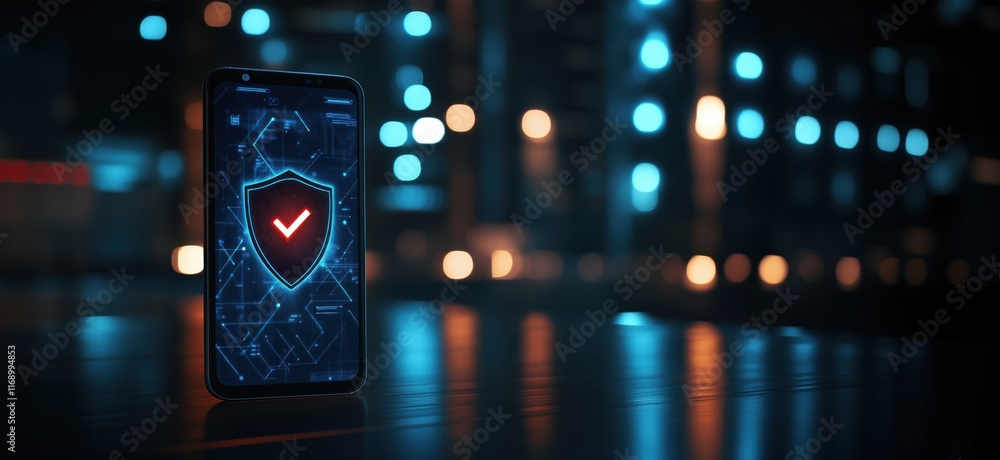 Poster mobile phone displaying digital security shield symbol with glowing check mark, representing cyberse