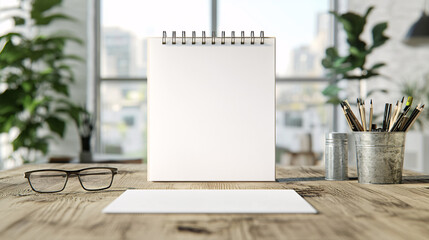 Mockup calendar on the table. Blank spiral desk calendar. Empty 3D table calendar
