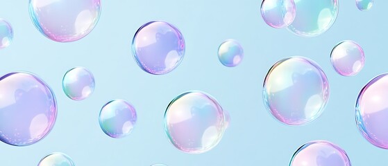 Floating Iridescent Bubbles on Plain Light Blue Background for Soft and Seamless Graphic Design, best image for graphic design background, unique image bubble pattern