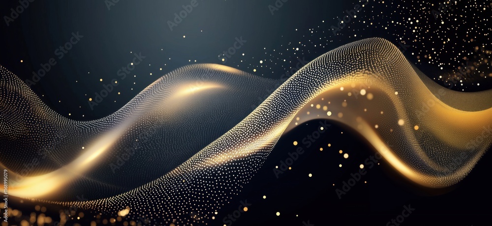 Poster golden wave pattern with shimmering particles and smooth curves creating a dynamic abstract backgrou