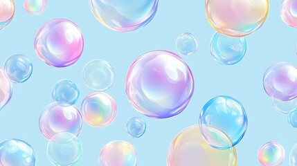Seamless Pattern of Iridescent Floating Bubbles on Light Blue Background for Calm and Soft Graphic Design, best image for graphic design background, unique image bubble pattern