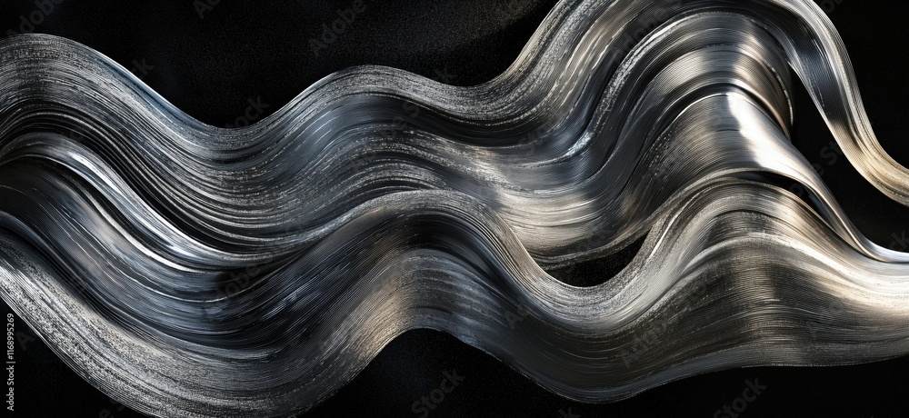 Poster abstract metallic wave design with flowing silver texture and smooth curves, showcasing dynamic move