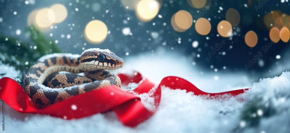 Poster Snowy scene featuring a snake coiled on a red ribbon amidst falling snow and festive bokeh lights, creating a magical winter atmosphere, copy space for text