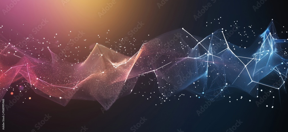 Poster abstract digital wave with colorful particles and lines representing data flow and connectivity in a