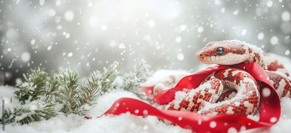 Poster snowy scene featuring a red and white snake adorned with a festive ribbon, surrounded by snow and ev