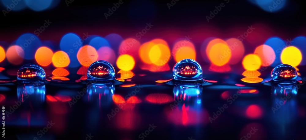 Poster colorful water droplets reflecting vibrant lights, creating a mesmerizing bokeh effect with red and 