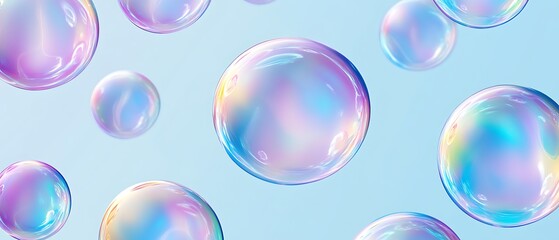 Iridescent Floating Bubbles Pattern on Light Blue Background for Seamless, Soft Graphic Design, best image for graphic design background, unique image bubble pattern