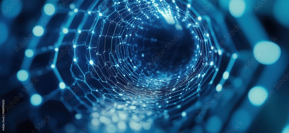 Poster digital web structure with glowing nodes and interconnected lines, representing technology, data flo