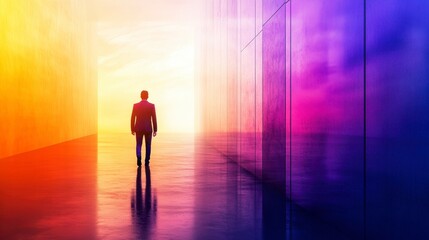 Businessman Walking Towards Bright Future, Colorful Corridor