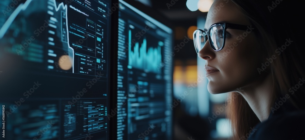 Poster data analysis and visualization by focused woman in glasses, surrounded by multiple screens displayi