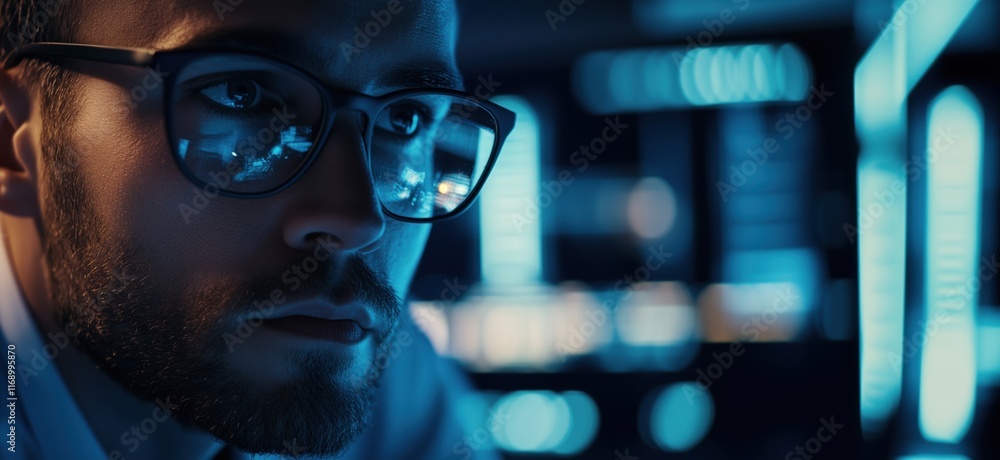 Poster focused male programmer analyzing data on computer screen in dimly lit environment, showcasing techn