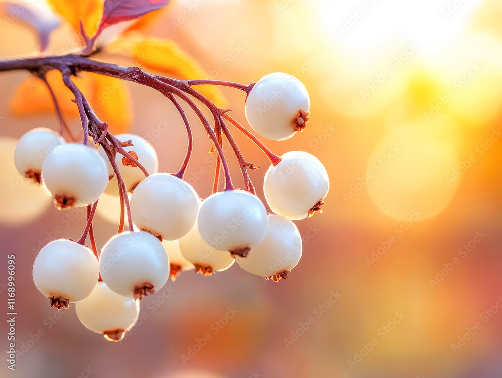 Poster delicate white berries on branch with soft warm background and bokeh effect in autumn light