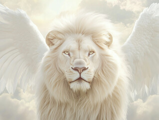a massive, majestic white lion with a beautiful, full white mane and natural white wings detailed with bird-like feathers, wings raised upward. The lion approaches the camera head-on with an intense, 